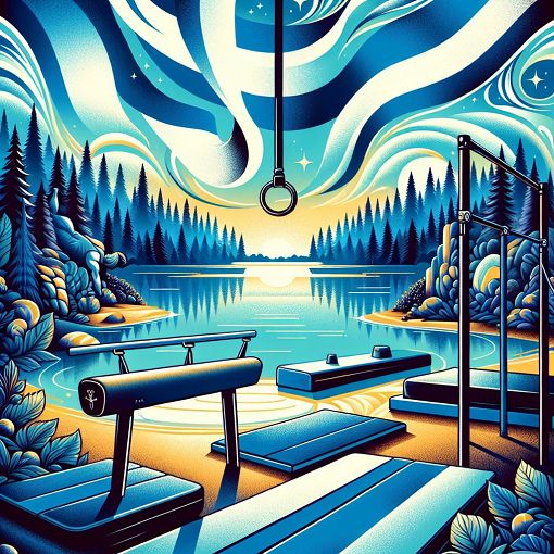 A vibrant and colorful illustration representing Finnish culture and gymnastics, featuring elements like the Finnish flag, gymnastics equipment, and a scenic landscape of Finland.