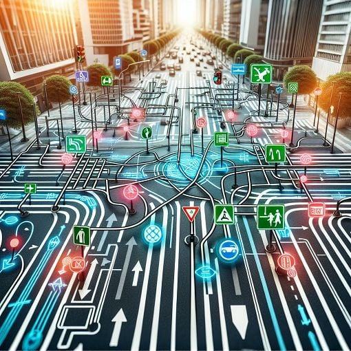 Generate an image showing various road lanes, traffic signs, and lane markings with a focus on intersection coding scenarios.