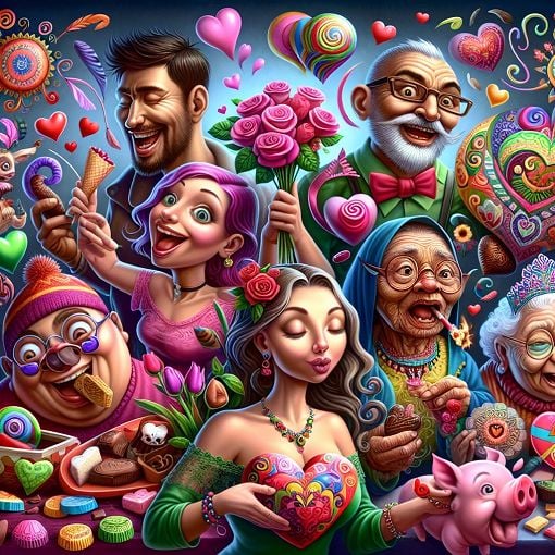 A whimsical and colorful illustration of quirky characters celebrating Valentine's Day with flowers, chocolates, and playful elements like hearts and a pig.