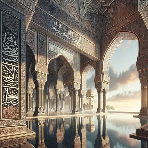 A peaceful scene depicting Islamic architecture, such as a mosque, with calligraphy of Quranic verses in the foreground and a serene background, reflecting knowledge and spirituality.