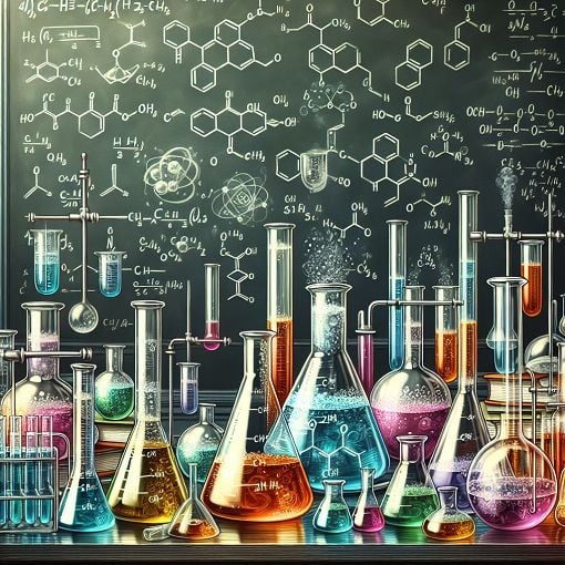 Create an image of a chemistry laboratory with various colorful chemical solutions, lab equipment like flasks and beakers, and a chalkboard with chemical formulas written on it.