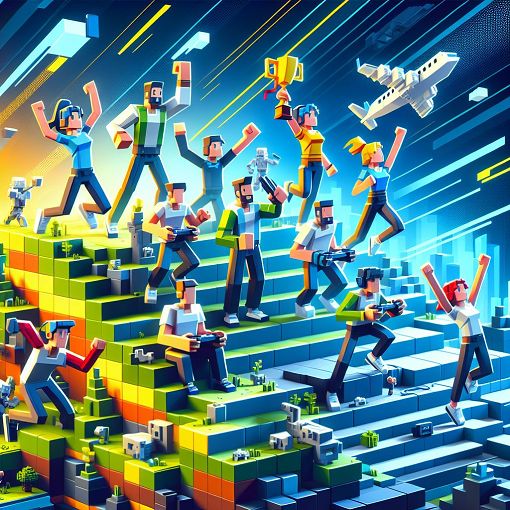 A vibrant and dynamic digital artwork depicting a gaming guild celebrating victories in a colorful online world, featuring Minecraft elements and characters engaged in friendly competition.