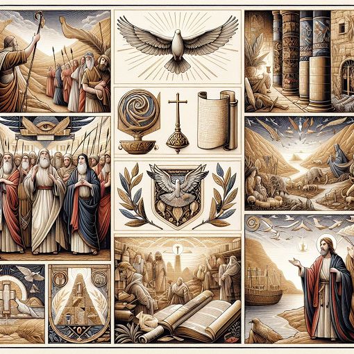 A beautifully illustrated scene depicting key biblical characters and events, with elements such as scrolls, ancient landscapes, and symbolic representations of faith.