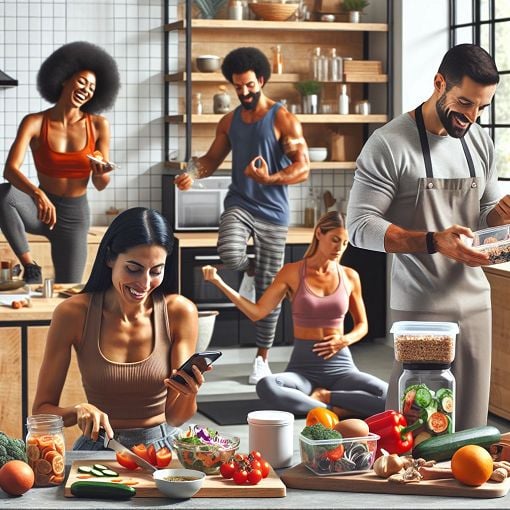 Generate an image of a vibrant and engaging healthy lifestyle scene featuring diverse people discussing meal prep, exercising, and tracking their progress in a weight loss journey.