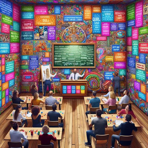 Create an image of a vibrant and colorful quiz room filled with trivia question boards, a chalkboard with interesting facts, and people happily engaging in a quiz game.