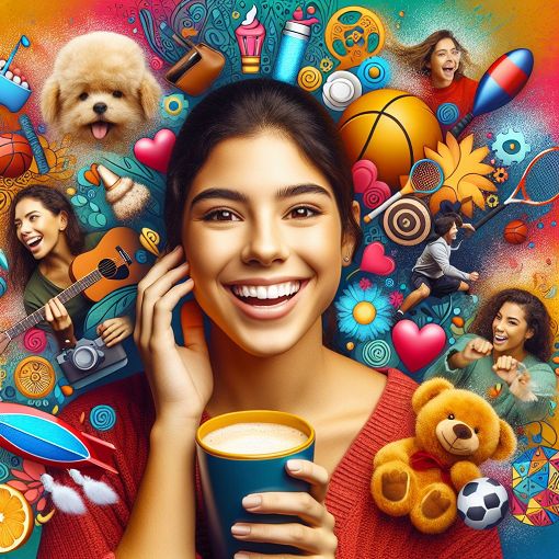 A fun and colorful illustration of a young woman surrounded by elements representing friendship, favorite activities, and personal interests, such as coffee, animals, and sports.