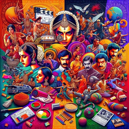 A vibrant collage of iconic scenes from popular Indian movies, showcasing cultural elements and film posters in a visually striking way.