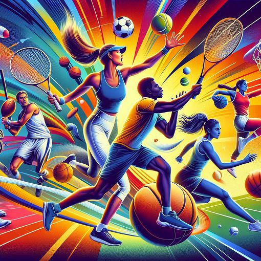 A vibrant sports-themed illustration featuring various athletes in action, surrounded by symbolic elements of different sports like a football, tennis racket, and basketball hoop, in a dynamic and colorful style.