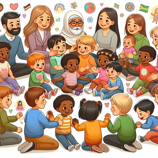 An illustration of a diverse group of young children with caregivers engaged in nurturing and supportive activities, alongside visual symbols of culture and development, conveying safety and emotional well-being.