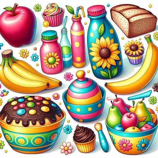 A colorful and playful illustration featuring various food items and containers, such as bottles, jars, and bowls, all arranged in a fun and engaging way, suitable for children.