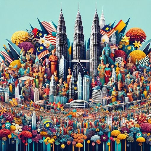 A vibrant and colorful collage representing Malaysian culture, history, and landmarks, featuring iconic symbols like the Petronas Towers, traditional attire, and national flowers.