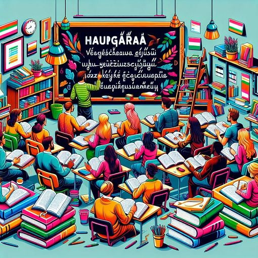 A colorful illustration of a language learning environment, featuring books, a chalkboard with verbs, and a diverse group of learners engaged in studying Hungarian.