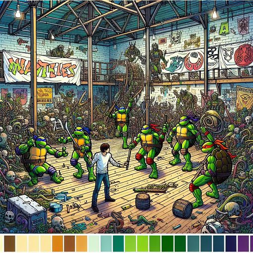 A vibrant illustration of a warehouse scene featuring diverse characters representing different personalities, with playful elements like ninja turtles and classic rock references.