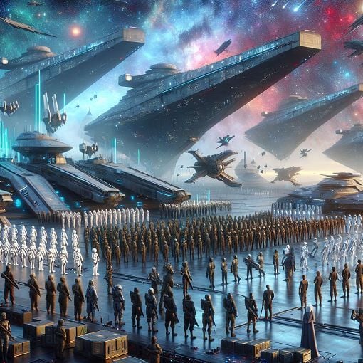 A futuristic imperial military scene with starships, soldiers, and a dramatic galaxy backdrop.