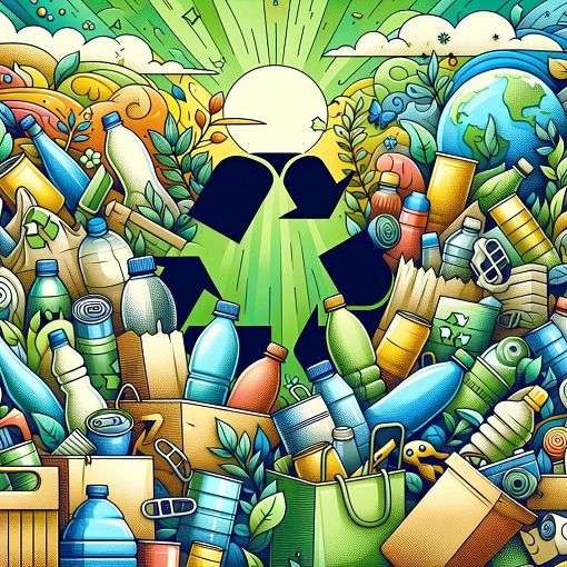 A colorful illustration depicting various recyclable items like plastic bottles, paper, and metal cans in a cheerful environment, with recycling symbols and nature in the background.