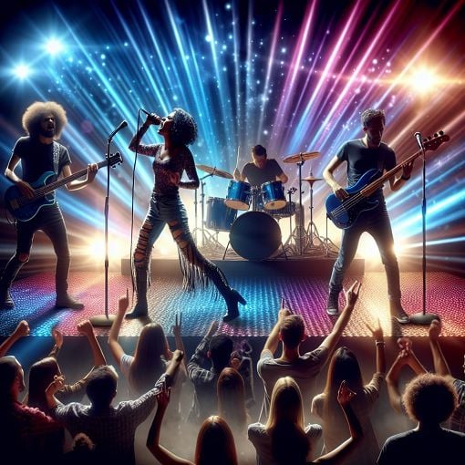 Create an image of a vibrant rock band performing on stage with colorful lights and enthusiastic fans, capturing the energy of rock music.