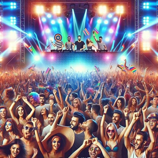 Create an image of a vibrant electronic music festival with colorful lights, DJs spinning on stage, and a diverse crowd dancing passionately amidst the upbeat atmosphere.