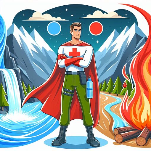 A cartoon-style illustration of a heroic character in a red cross-themed outfit, surrounded by various elements representing fire, water, and earth, standing in a dramatic landscape.