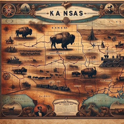 A historical map of Kansas highlighting key events and figures throughout its history, with iconic symbols like buffalo and railroads.