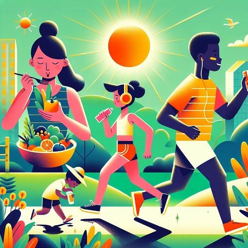 A vibrant and engaging illustration depicting various health-promoting behaviors, such as eating fruits and vegetables, exercising, and practicing sun safety in a sunny outdoor environment.