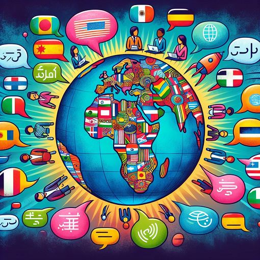 A vibrant illustration depicting various languages and translation activities, showcasing globe with speech bubbles in different languages, and people collaborating on translations.