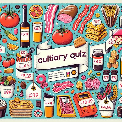 An informative and engaging depiction of food items with price tags, showcasing various ingredients like tomatoes, bacon, and desserts, styled in a quiz format.