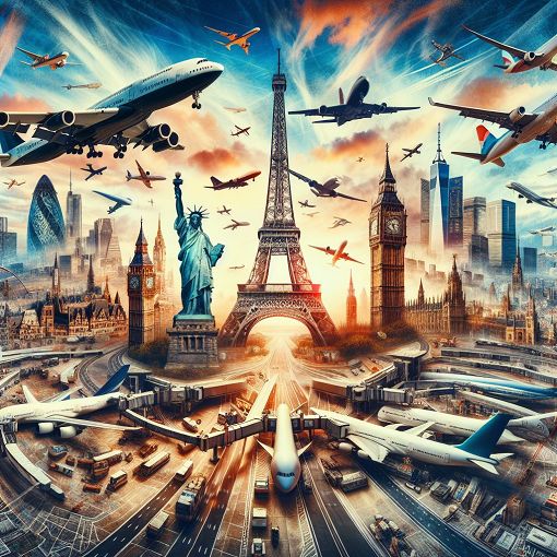 A vibrant collage of famous airports around the world, with airplanes taking off and landing, including iconic landmarks like the Eiffel Tower, Big Ben, and the Statue of Liberty in the background.