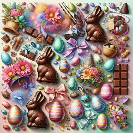 A whimsical Easter-themed collage featuring various chocolates, colorful Easter bonnets, and cheerful decorations, set against a pastel background.