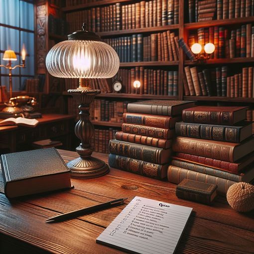 A cozy library setting with books on classic literature, a vintage lamp illuminating a wooden desk, and a notepad with quiz questions, warm tones, inviting atmosphere.