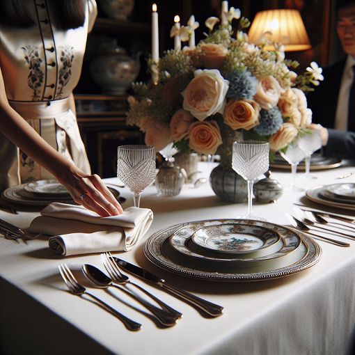 A sophisticated dining table set with elegant tableware, soft lighting, and a glimpse of fine dining etiquette in action.