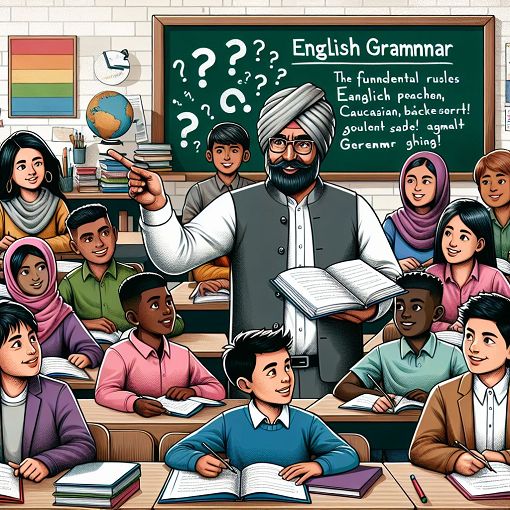 An artistic illustration of a classroom setting with students engaging in learning English grammar, featuring question marks and colorful grammar books.