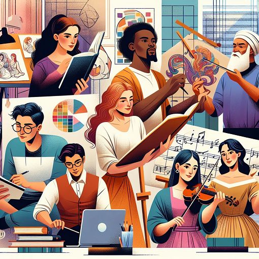 A vibrant and colorful illustration depicting a group of diverse and quirky committee members in a study space, each showcasing a different personality trait related to a school or theater environment.