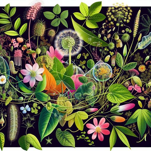 A vibrant illustration featuring various plants, emphasizing the leaves, flowers, and seeds, showcasing the process of photosynthesis and the diversity of plant life.