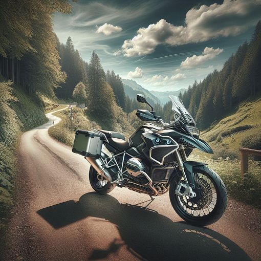 Create an image of a BMW R 1250 GS motorcycle parked on a scenic mountain road, with a blue sky and green trees in the background, showcasing the bike’s sleek design and adventure-ready nature.
