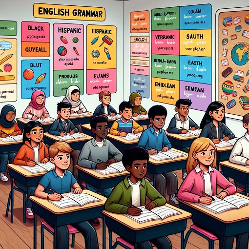 A classroom setting with students taking a quiz, focusing on English grammar, pronouns, and verbs, colorful educational posters in the background