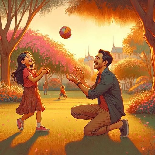 A nostalgic family scene depicting a child playing with their dad in a park, with warm colors and a happy atmosphere, reflecting childhood memories and family bonds.