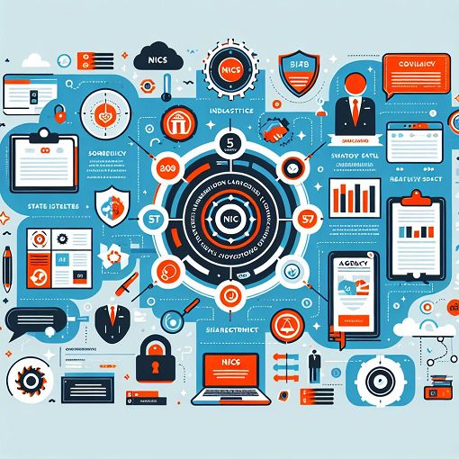 A detailed infographic showing various aspects of NICS and SharePoint, featuring state identifiers, agency logos, and legal terminology, with a modern and professional design.