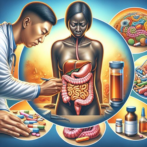 A detailed illustration of gastrointestinal pharmacology, showcasing various medications, their effects, and a healthcare professional assessing a patient, vibrant colors, clinical setting