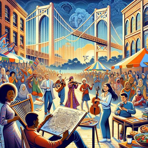 A vibrant and dynamic illustration representing student life and activities at ESHCC, featuring the Erasmus Bridge and representations of diverse cultures and communities.