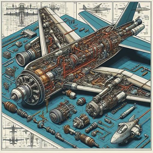 A detailed illustration showing various aircraft hydraulic systems and fuel tanks in an educational setting, with labels indicating different components.