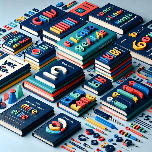 A visually appealing image featuring grammar books, colorful letters, and symbols that represent different parts of speech, creating an engaging and educational atmosphere.