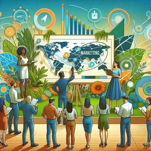 A vibrant illustration showing a group of diverse people engaging with marketing concepts, a positioning map, and nature elements symbolizing sustainability in business.