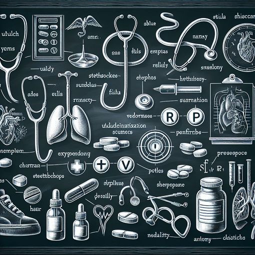 A detailed illustration of medical terminology with symbols, suffixes, and prefixes on a chalkboard background, featuring various healthcare elements like stethoscopes, medicine bottles, and anatomy diagrams.