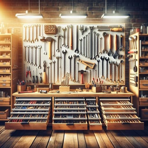 A well-organized workshop or toolbox filled with various tools like wrenches, hammers, and screwdrivers, with a bright and inviting atmosphere.