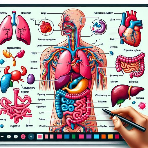 Create an educational illustration showing various human organs (like lungs, heart, liver, and intestines) labeled with their fun<wbr>ctions and systems they belong to, in a vibrant and colorful style.