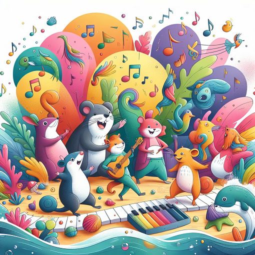 A colorful and playful illustration depicting different personalities, with characters representing vibrant colors, music notes, and elements from pop culture like chipmunks and sea creatures, all interacting in a whimsical, joyful setting.