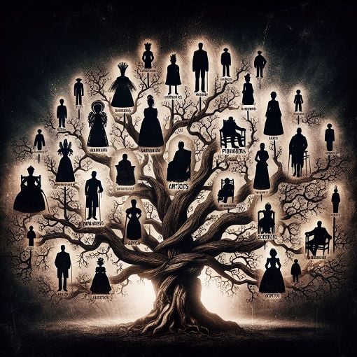 A mysterious family tree with intertwined branches and silhouettes of historical figures, set against a dark, intriguing backdrop.