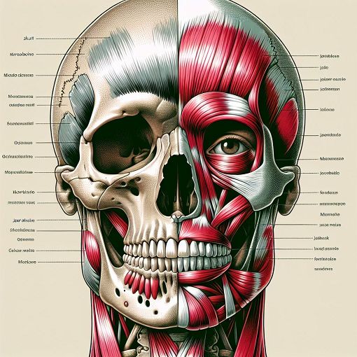 A detailed anatomical illustration showcasing the human skull and muscles involved in facial expressions, vibrant colors, educational style