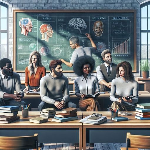 Create an image of a diverse group of people engaged in a psychology discussion, surrounded by books, charts, and a serene classroom setting, in a realistic style.