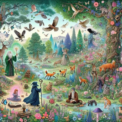 Create an illustration of a mystical forest setting with characters that evoke themes of nature, magic, and personality traits, incorporating elements like animals and vibrant colors.